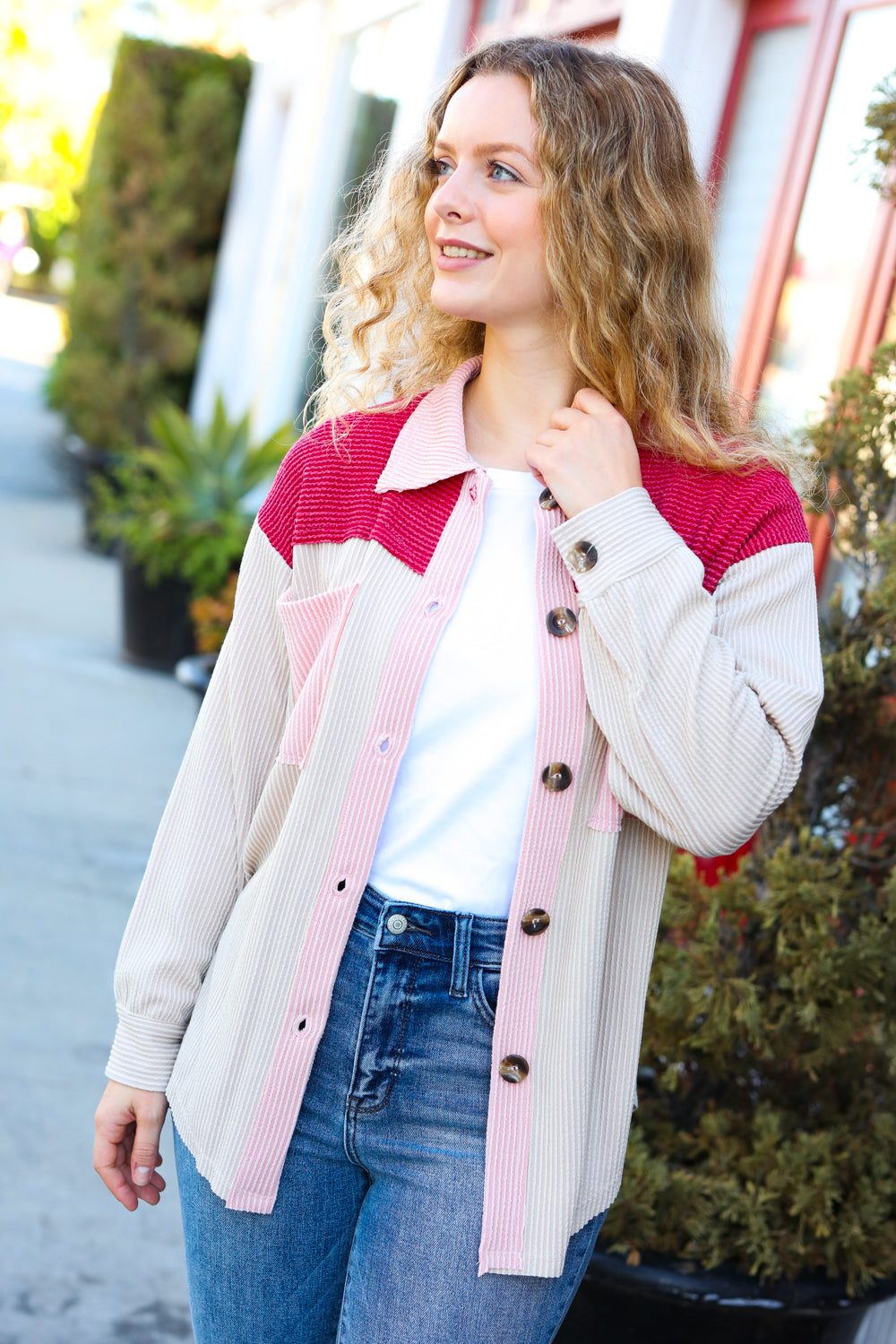 Cranberry Ribbed Colorblock Button Down Shacket
