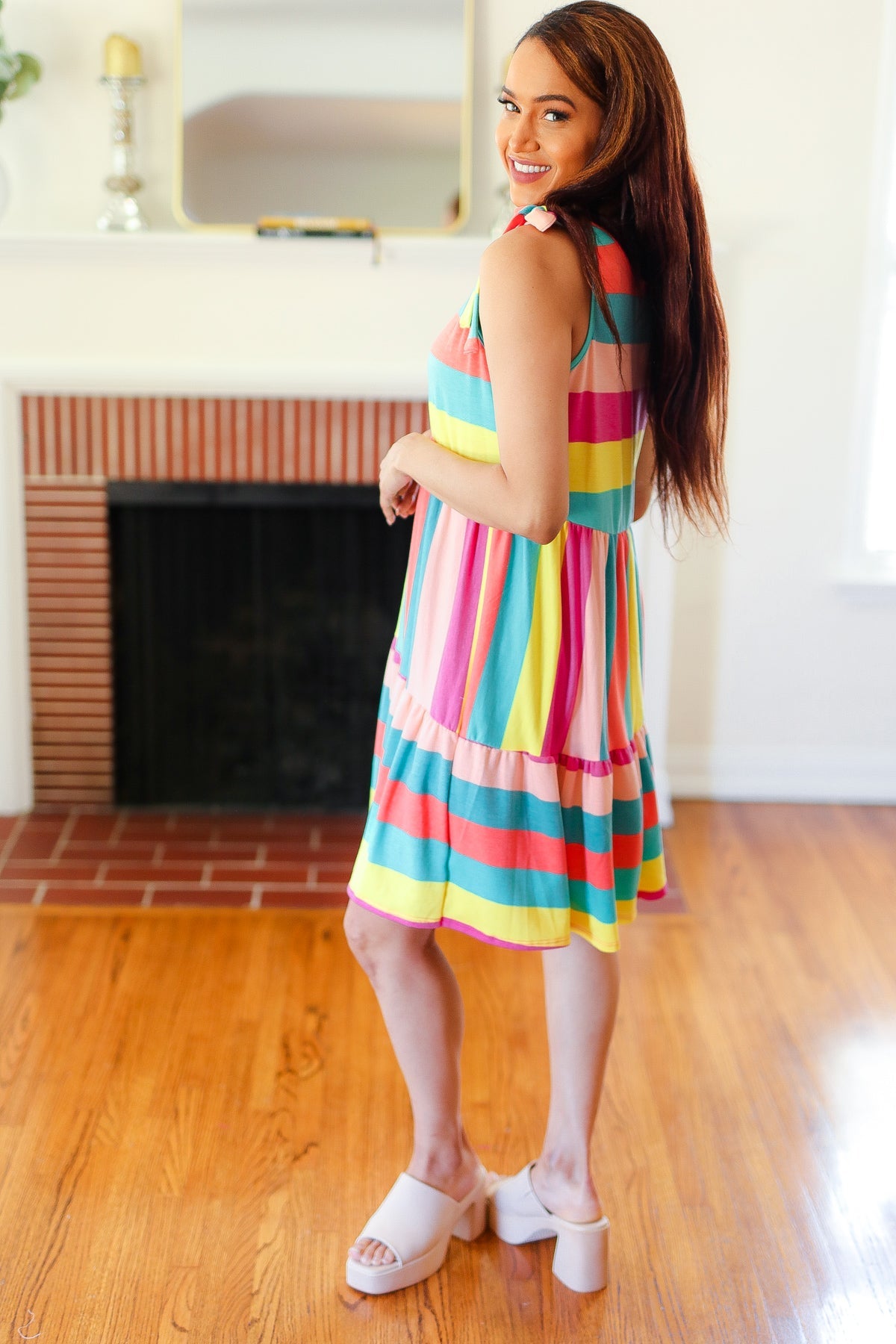 Rainbow Stripe Shoulder Tie Tiered Dress