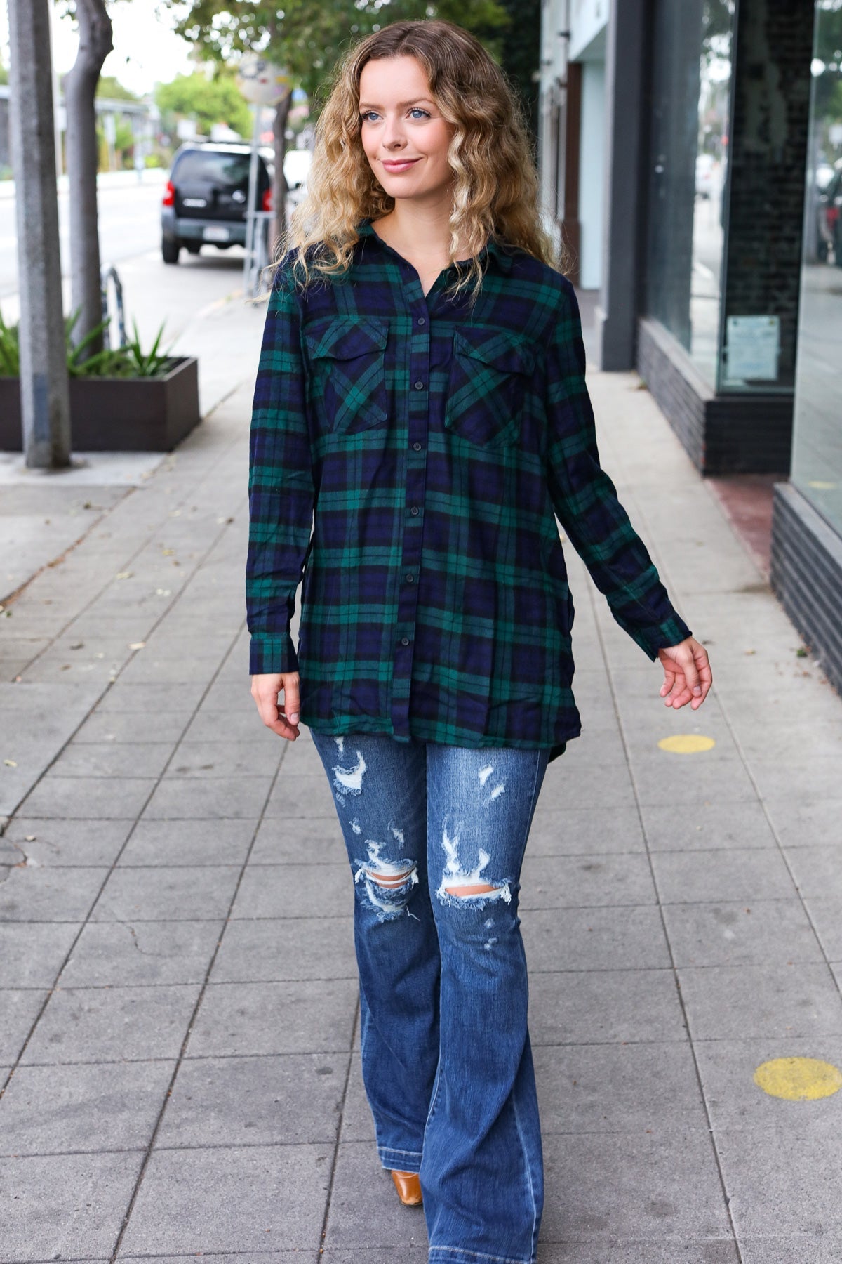 Navy & Green Plaid Long Sleeve Shirt