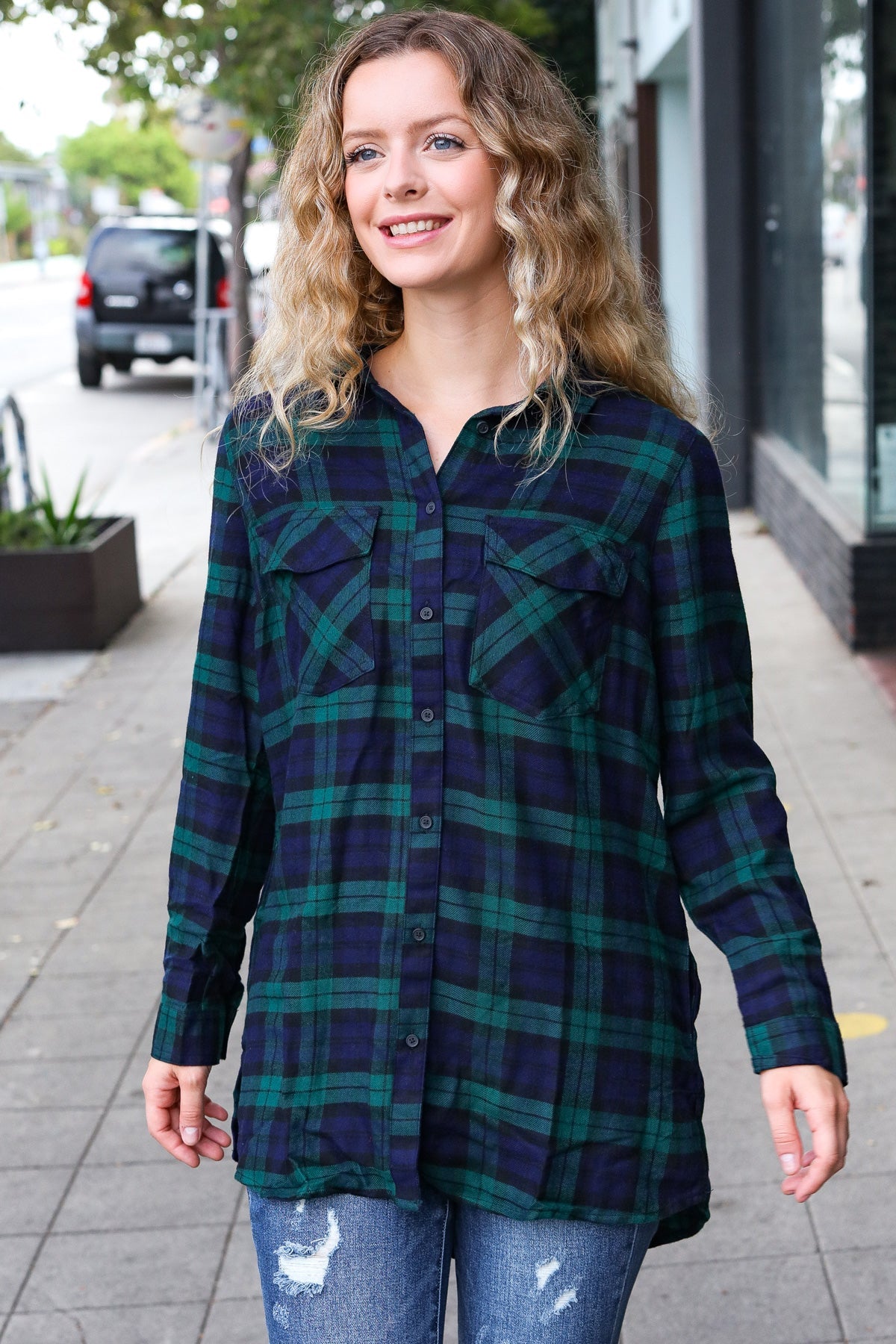 Navy & Green Plaid Long Sleeve Shirt