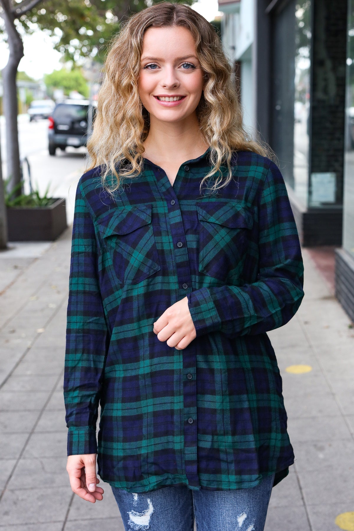 Navy & Green Plaid Long Sleeve Shirt