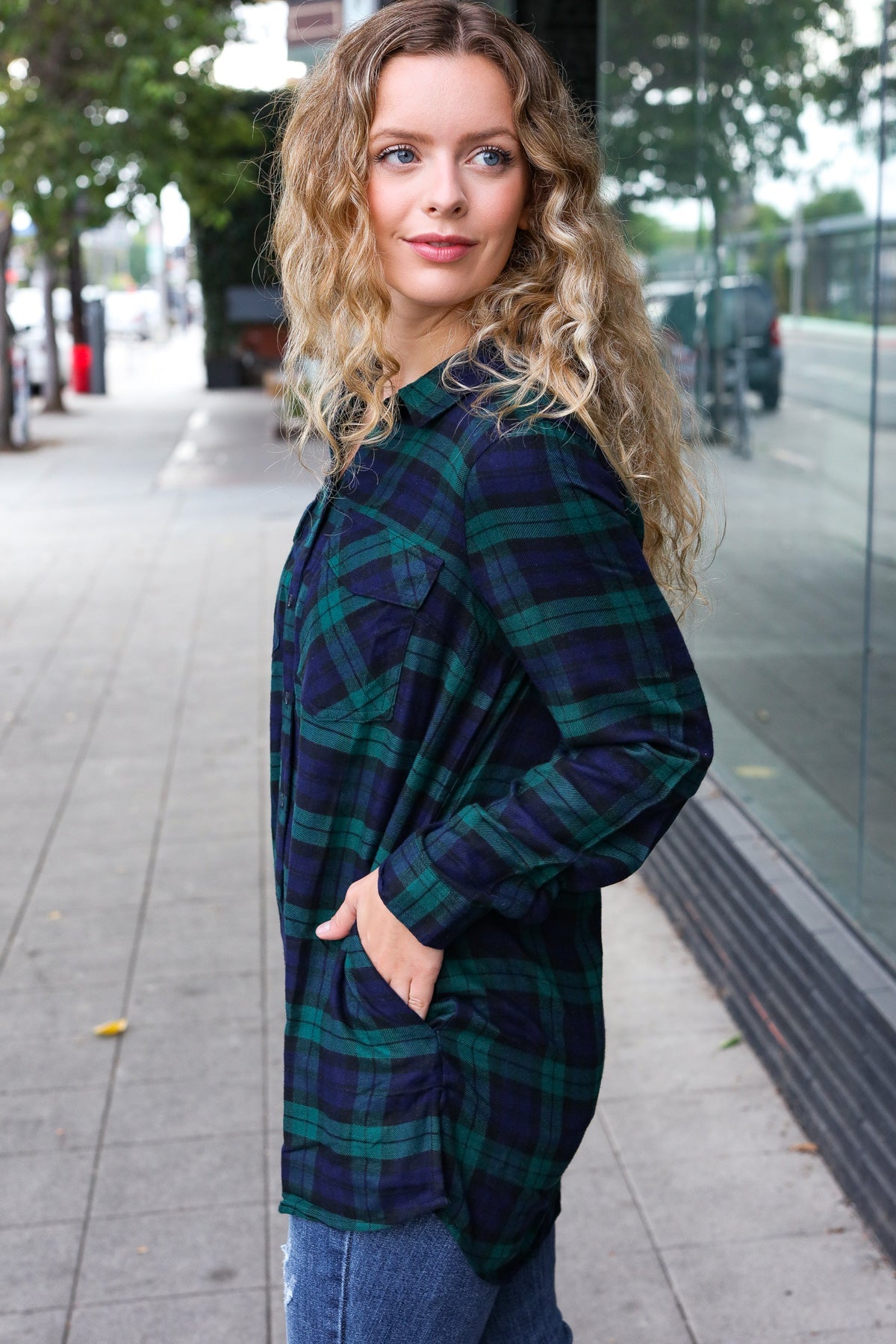 Navy & Green Plaid Long Sleeve Shirt