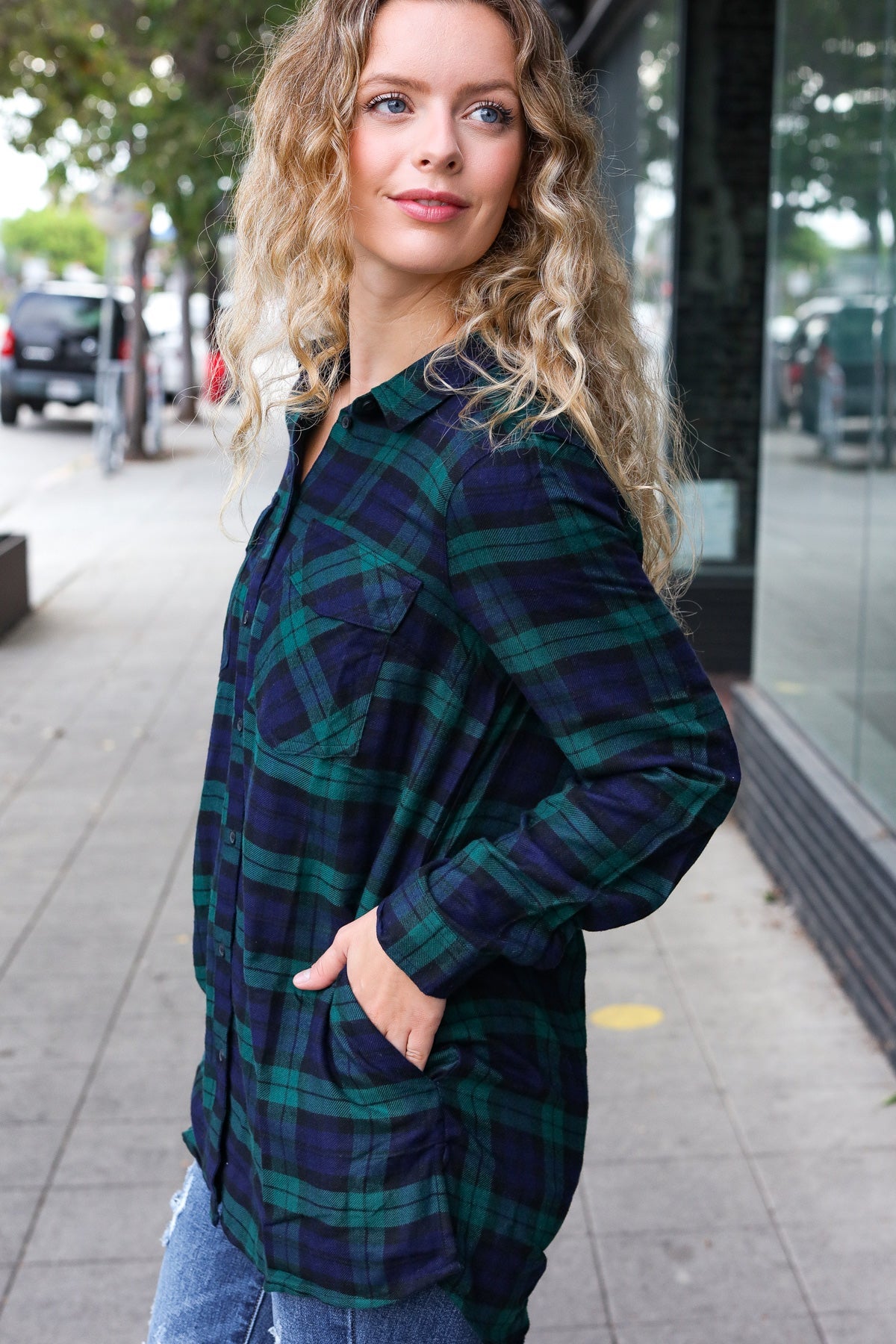 Navy & Green Plaid Long Sleeve Shirt