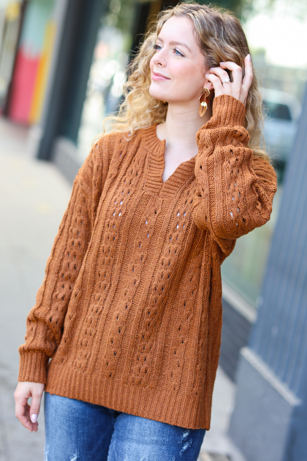 Rust Cable Knit Notched Neck Pullover Sweater