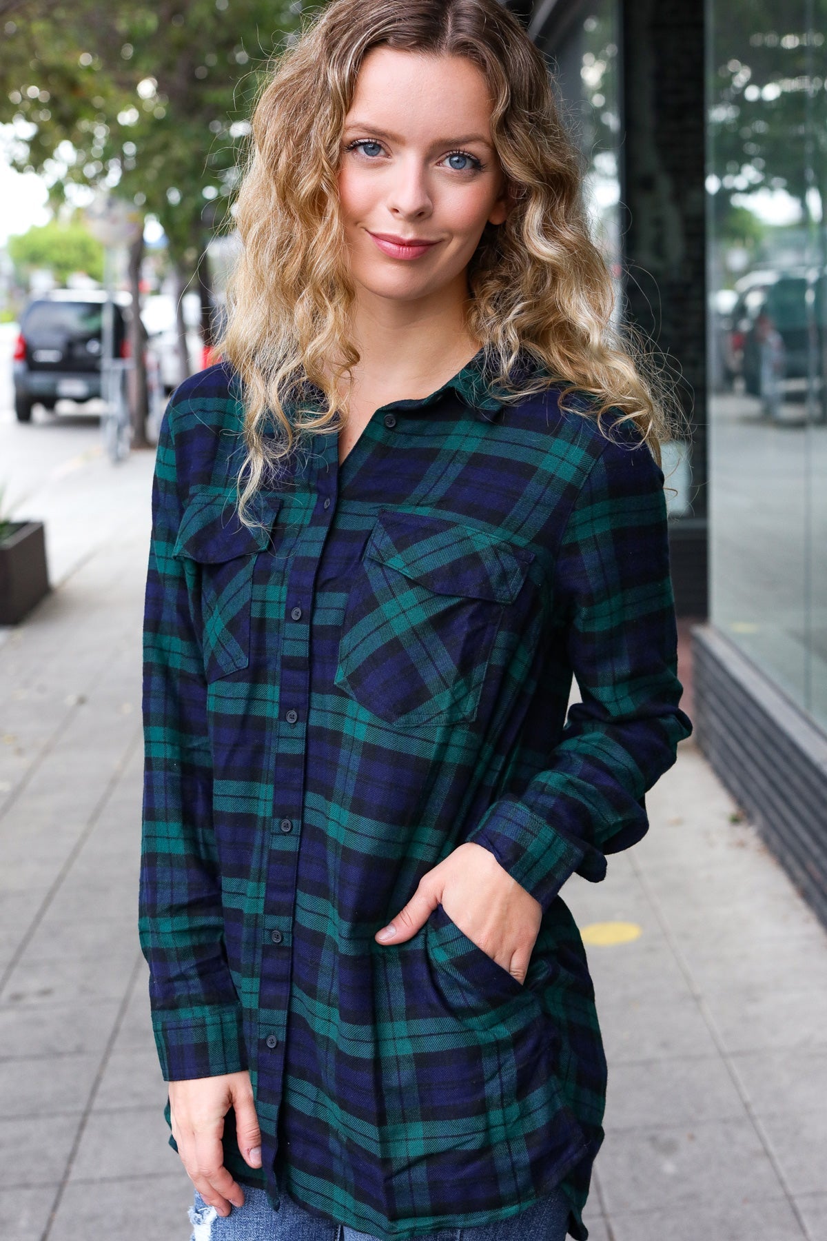 Navy & Green Plaid Long Sleeve Shirt