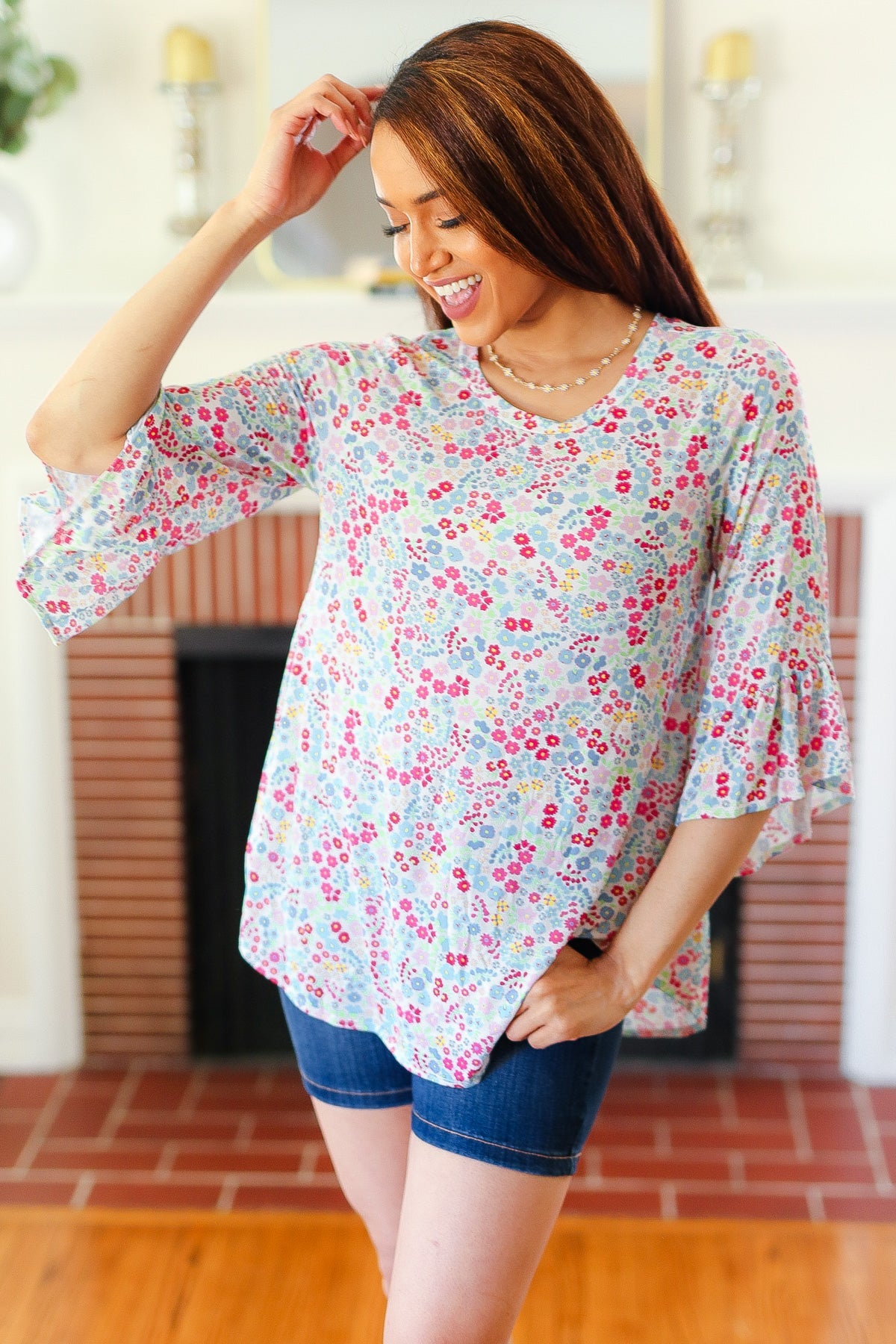 Blue Floral Ruffle Three Quarter Sleeve Top