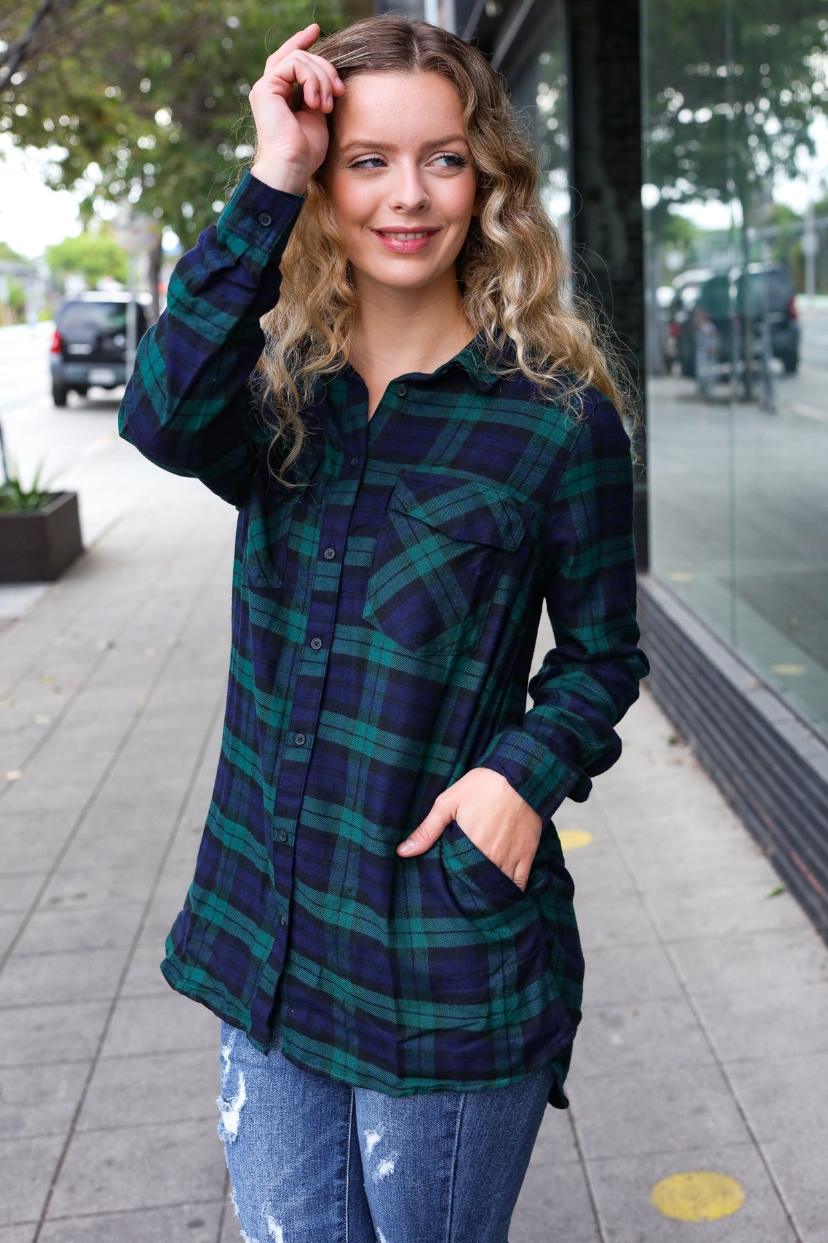 Navy & Green Plaid Long Sleeve Shirt