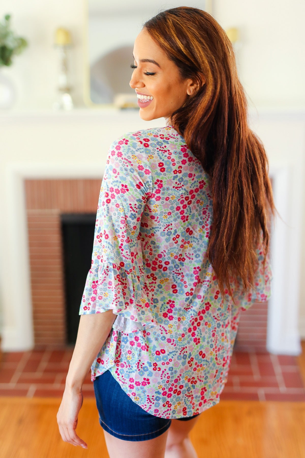 Blue Floral Ruffle Three Quarter Sleeve Top