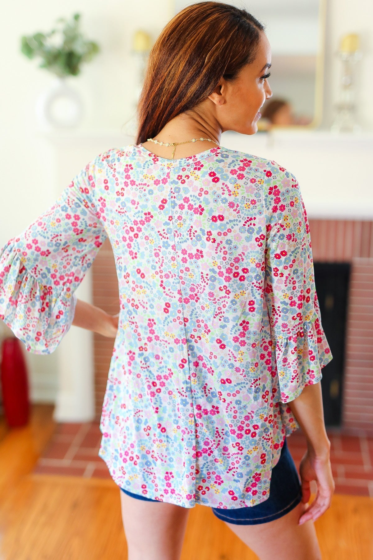 Blue Floral Ruffle Three Quarter Sleeve Top