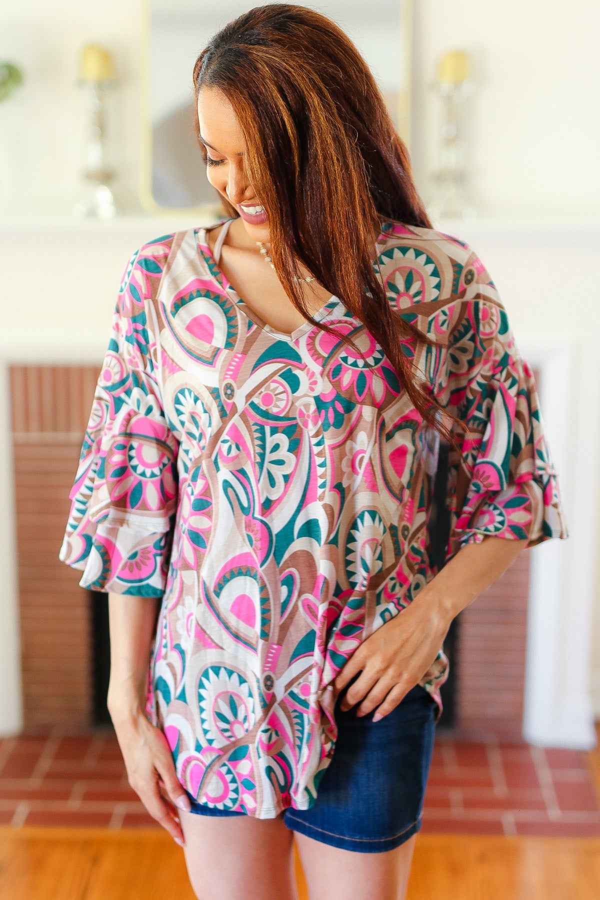 Teal Paisley Double Ruffle Sleeve Top