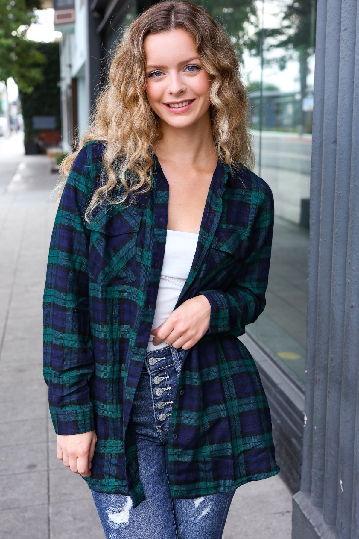 Navy & Green Plaid Long Sleeve Shirt