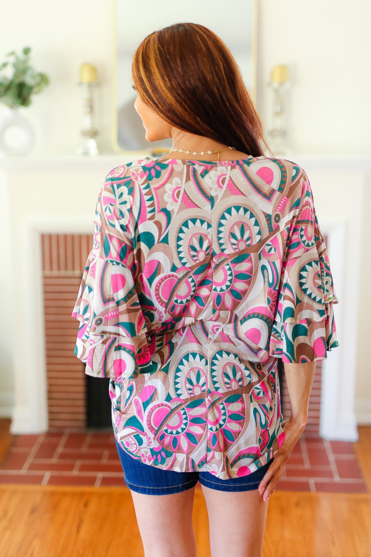 Teal Paisley Double Ruffle Sleeve Top