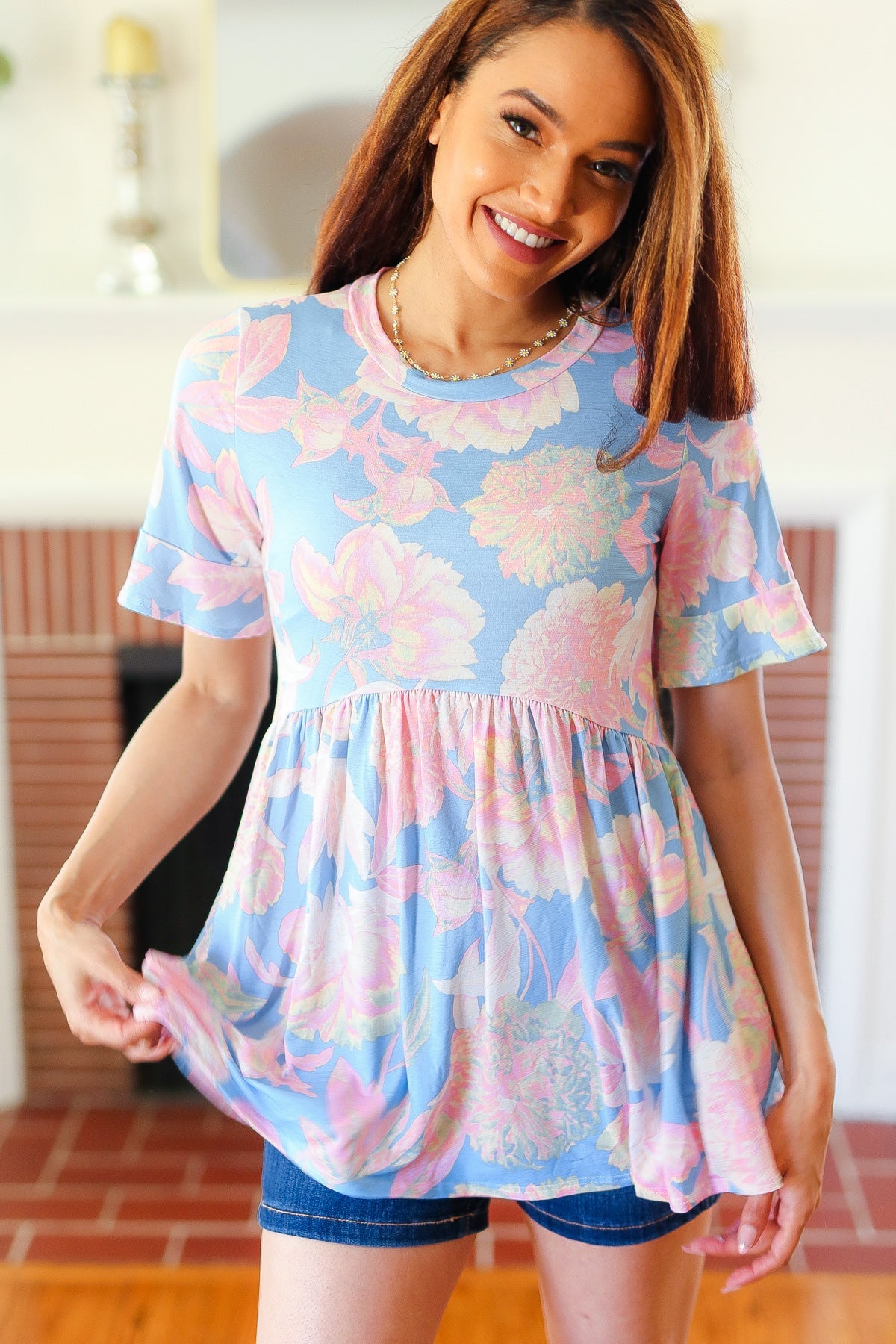 Blue Pink Floral Ruffle Sleeve Babydoll Top