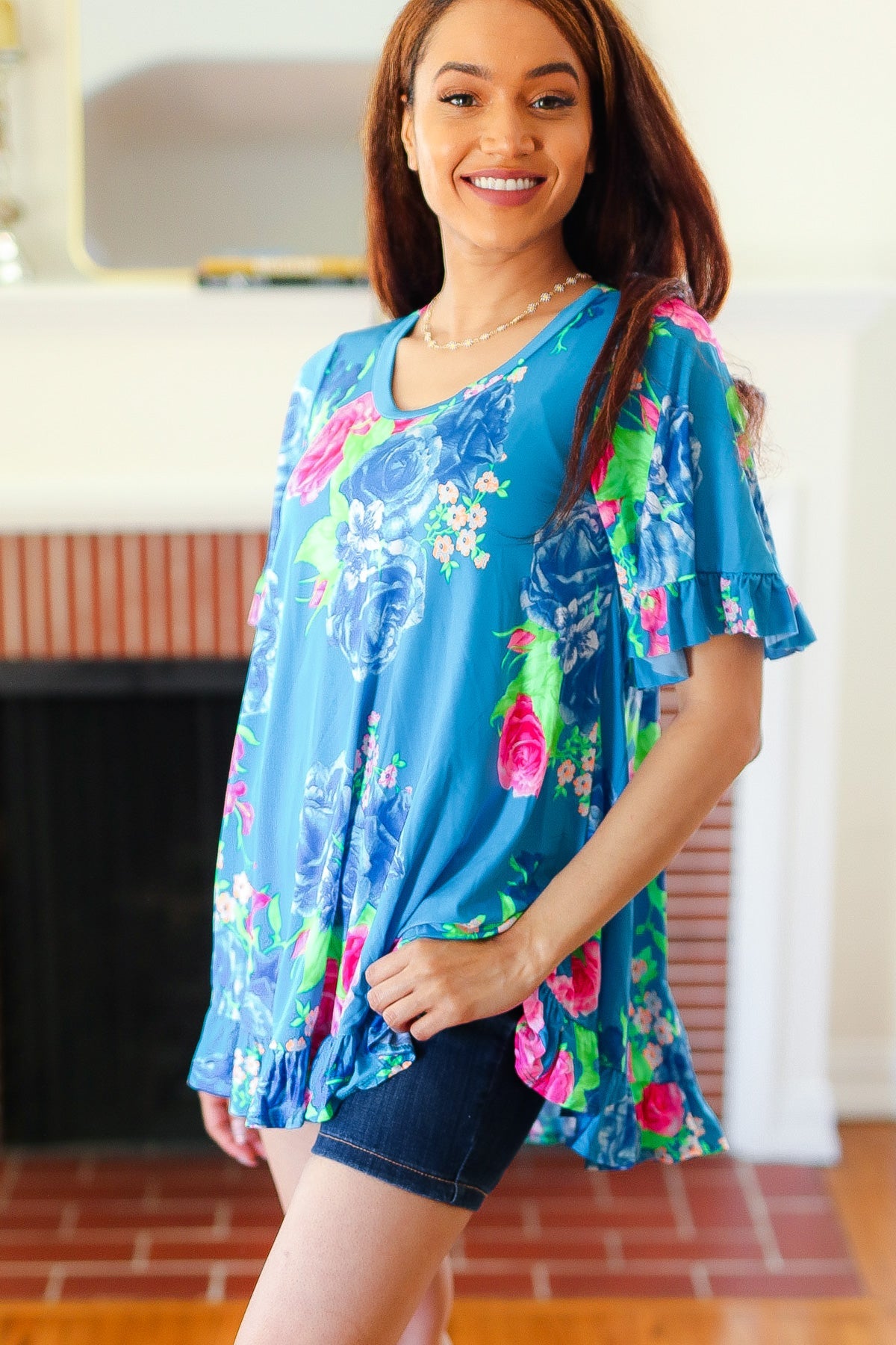 Blue Floral Ruffle Sleeve & Hem Tunic Top