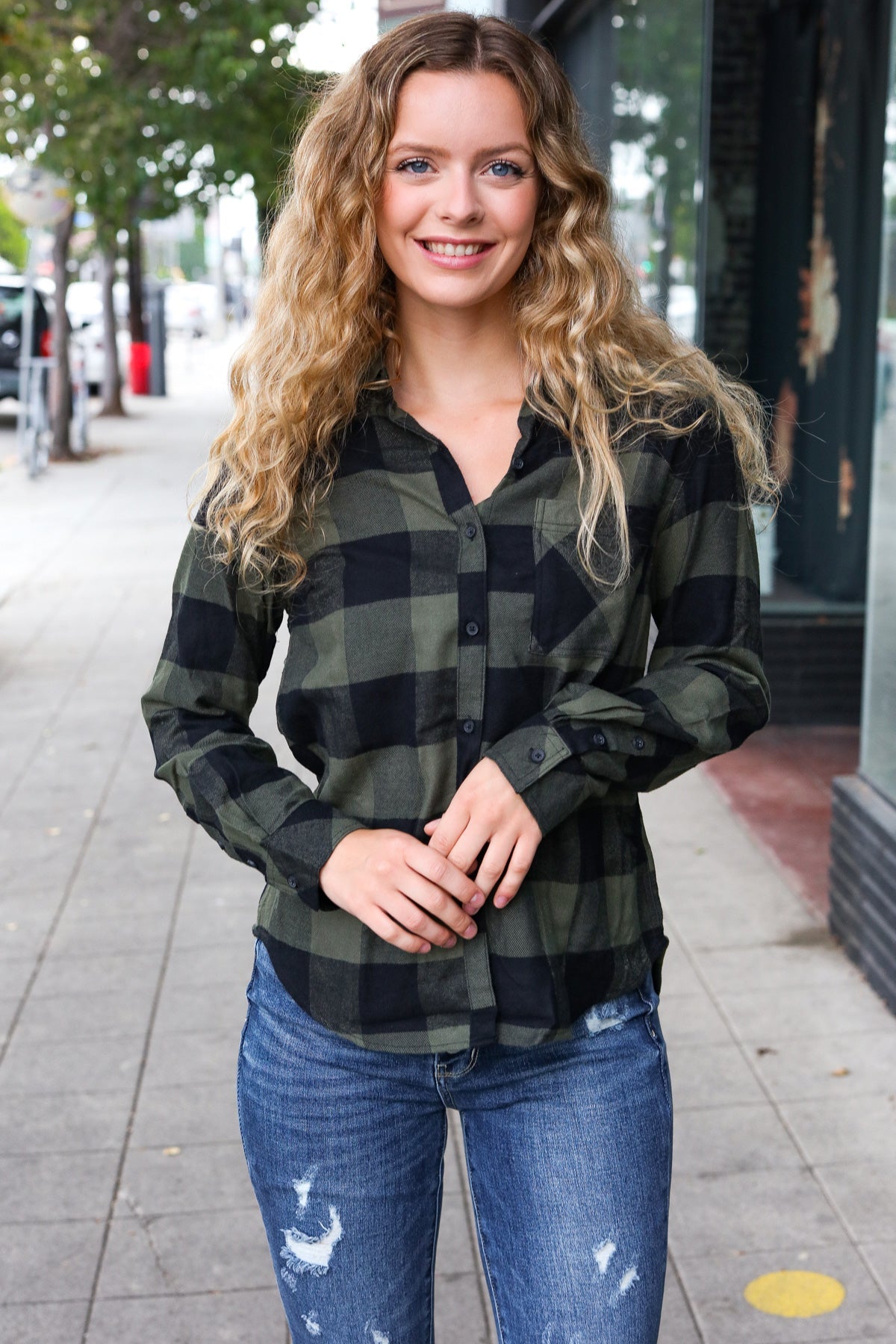 Army Green Plaid Button Down Shirt