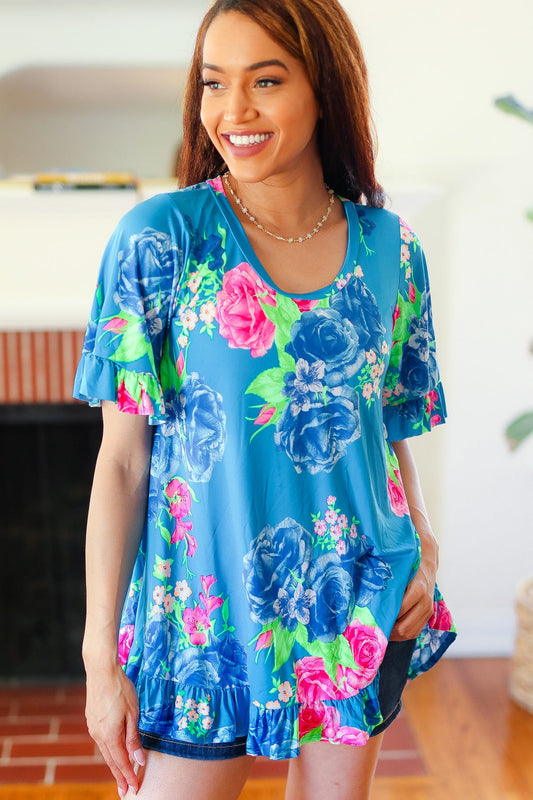 Blue Floral Ruffle Sleeve & Hem Tunic Top