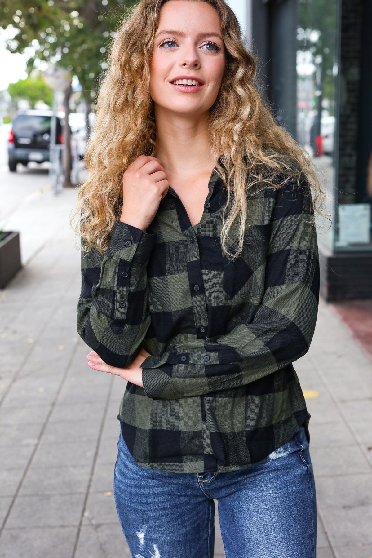 Army Green Plaid Button Down Shirt