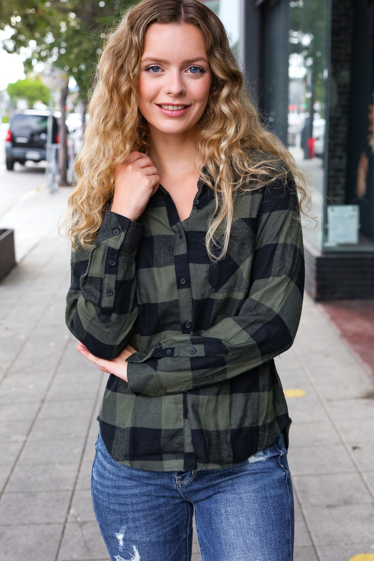 Army Green Plaid Button Down Shirt