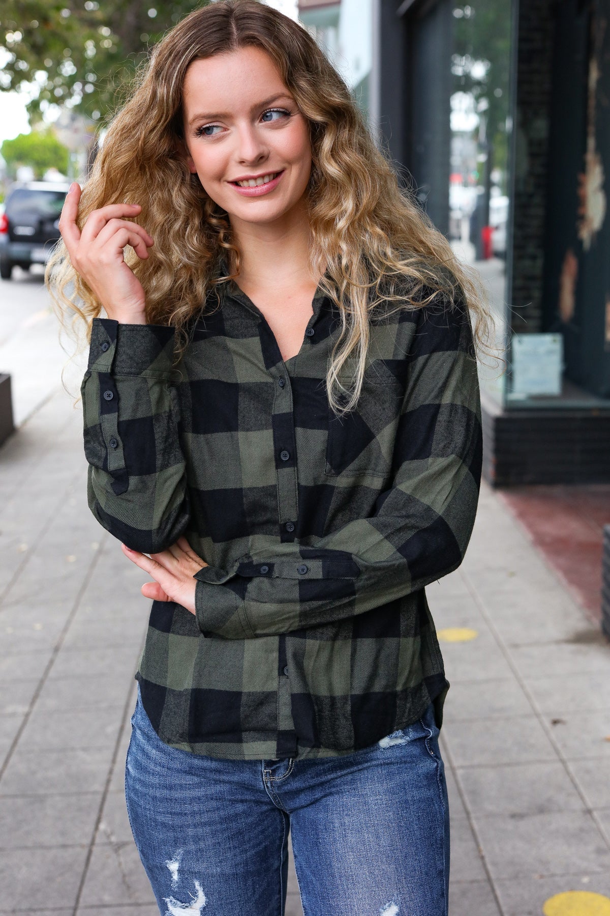 Army Green Plaid Button Down Shirt