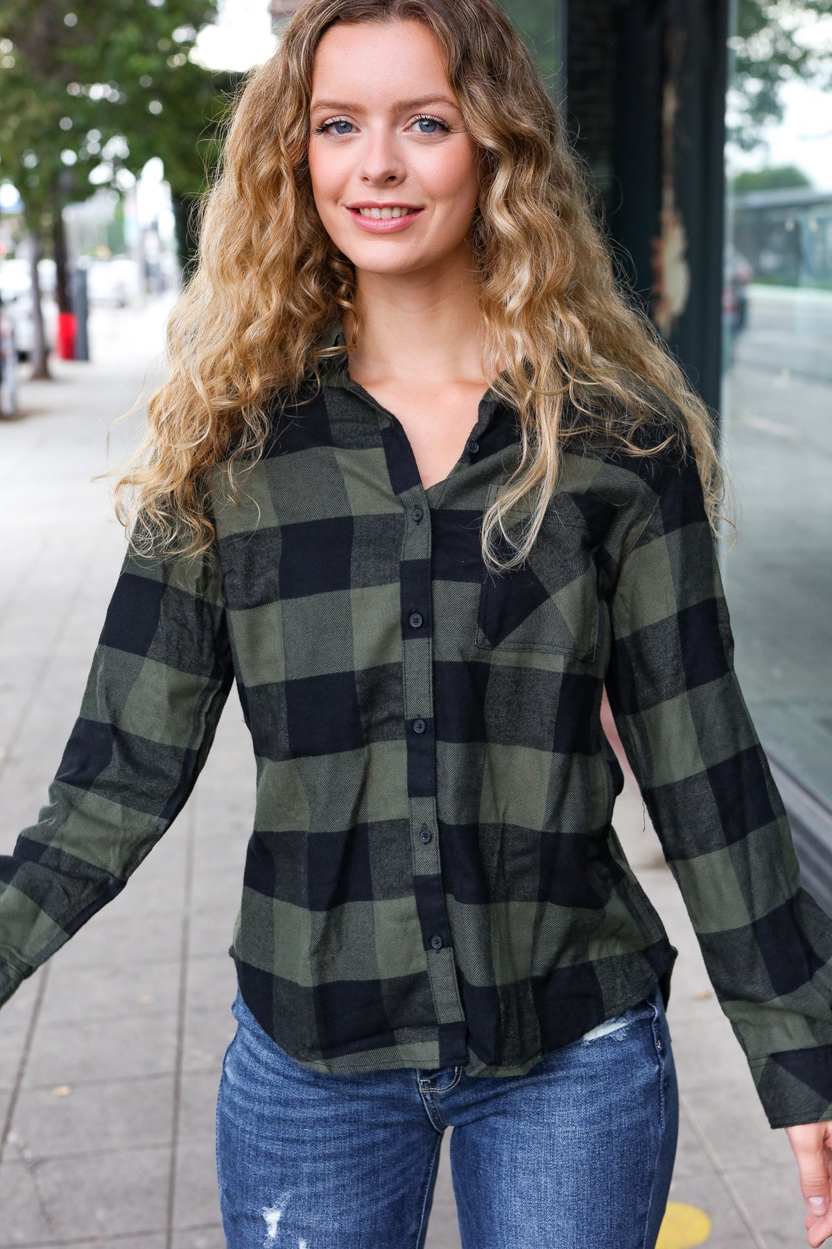 Army Green Plaid Button Down Shirt