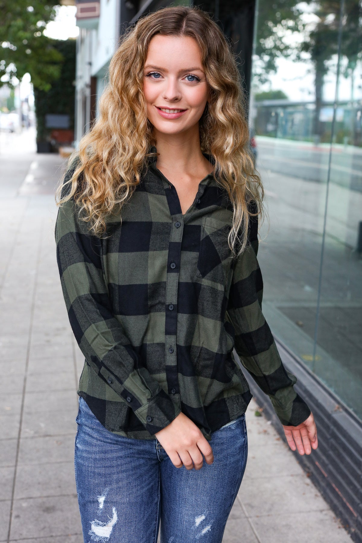 Army Green Plaid Button Down Shirt