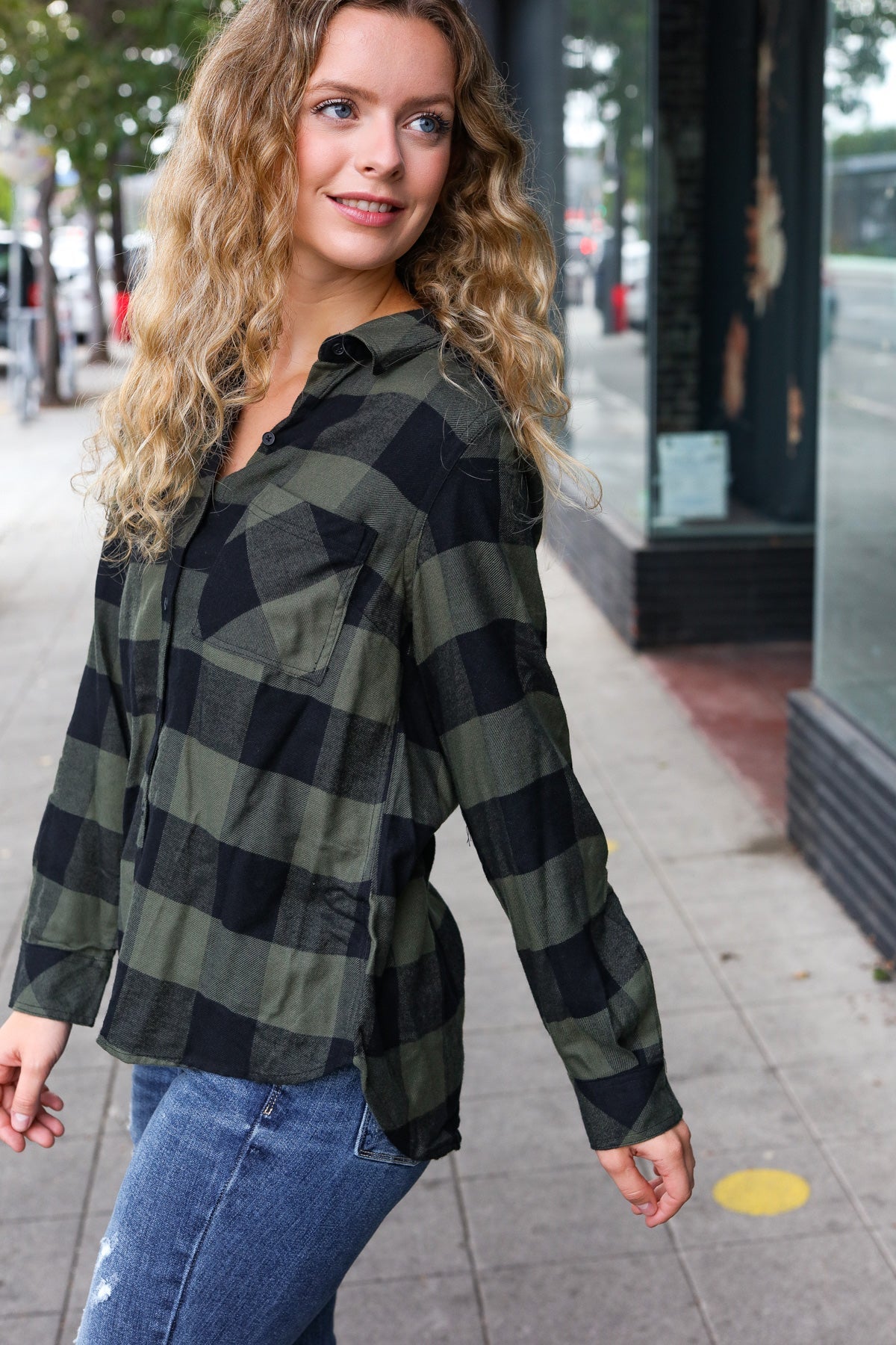 Army Green Plaid Button Down Shirt