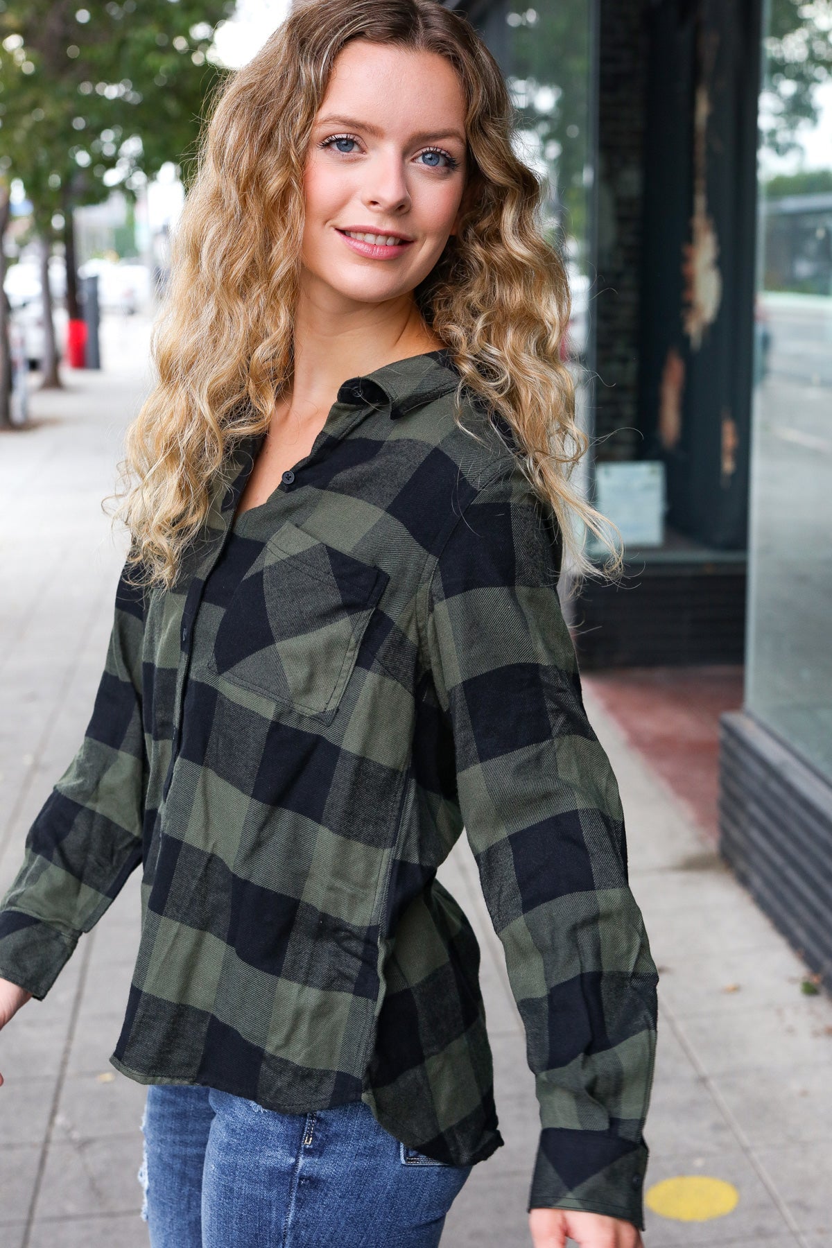 Army Green Plaid Button Down Shirt