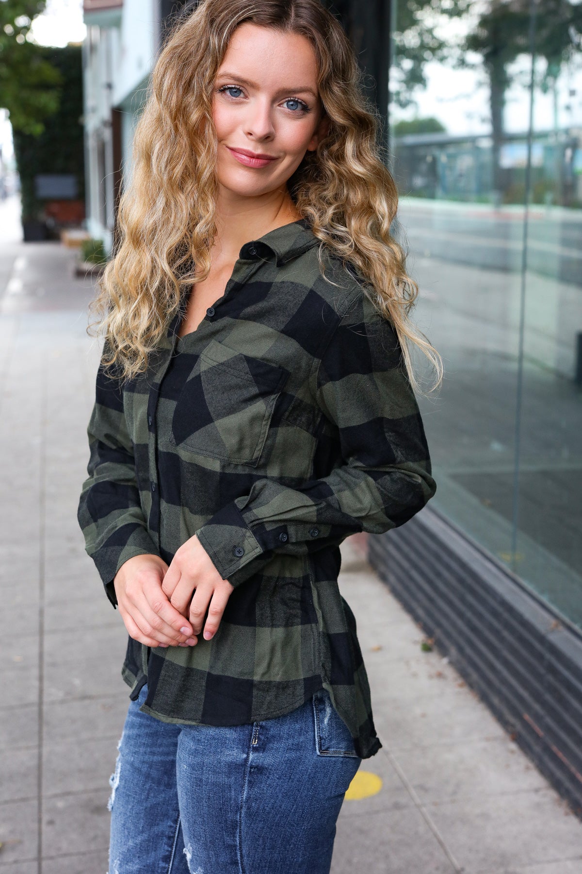 Army Green Plaid Button Down Shirt