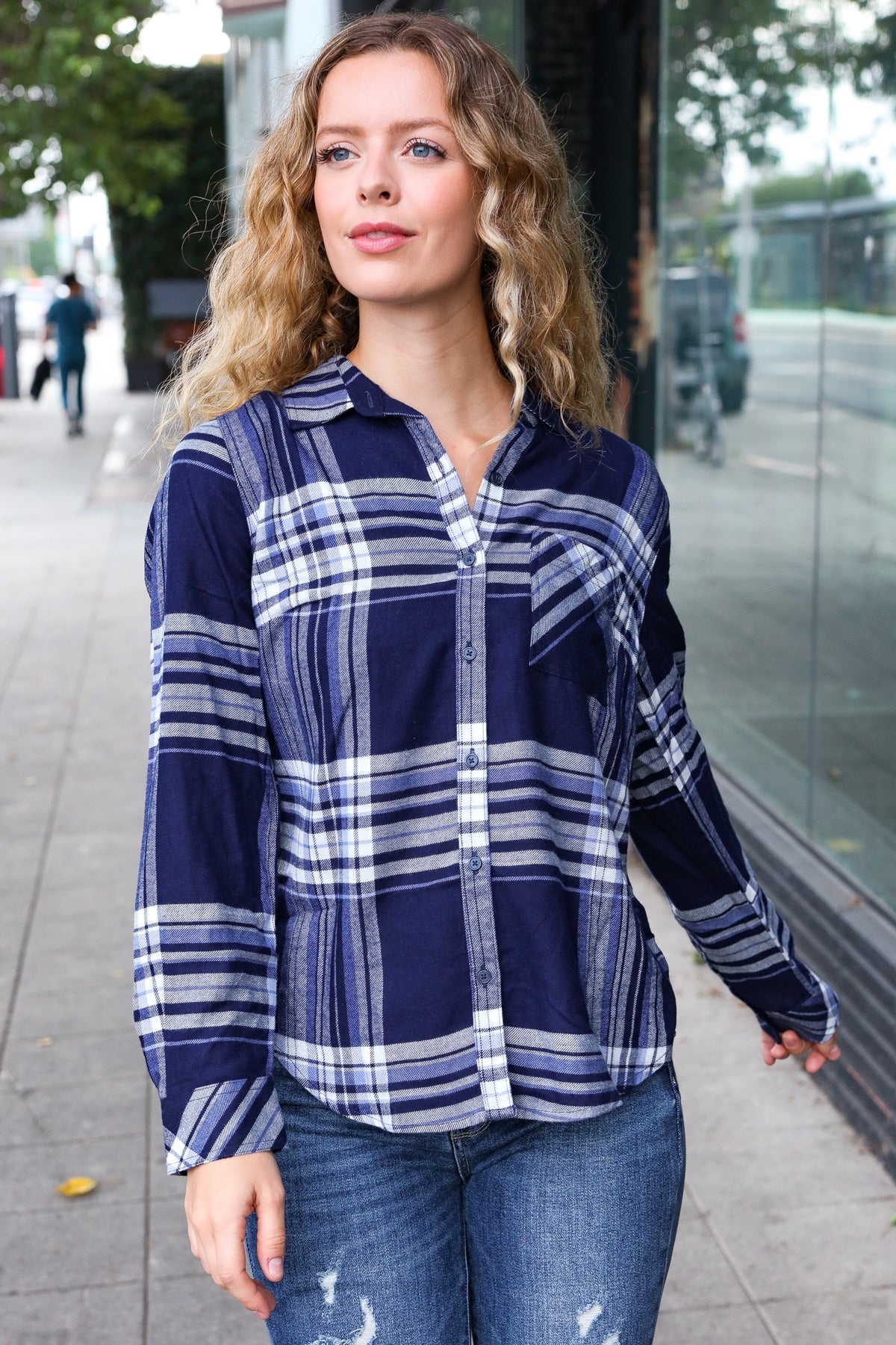 Navy Plaid Button Down Shirt