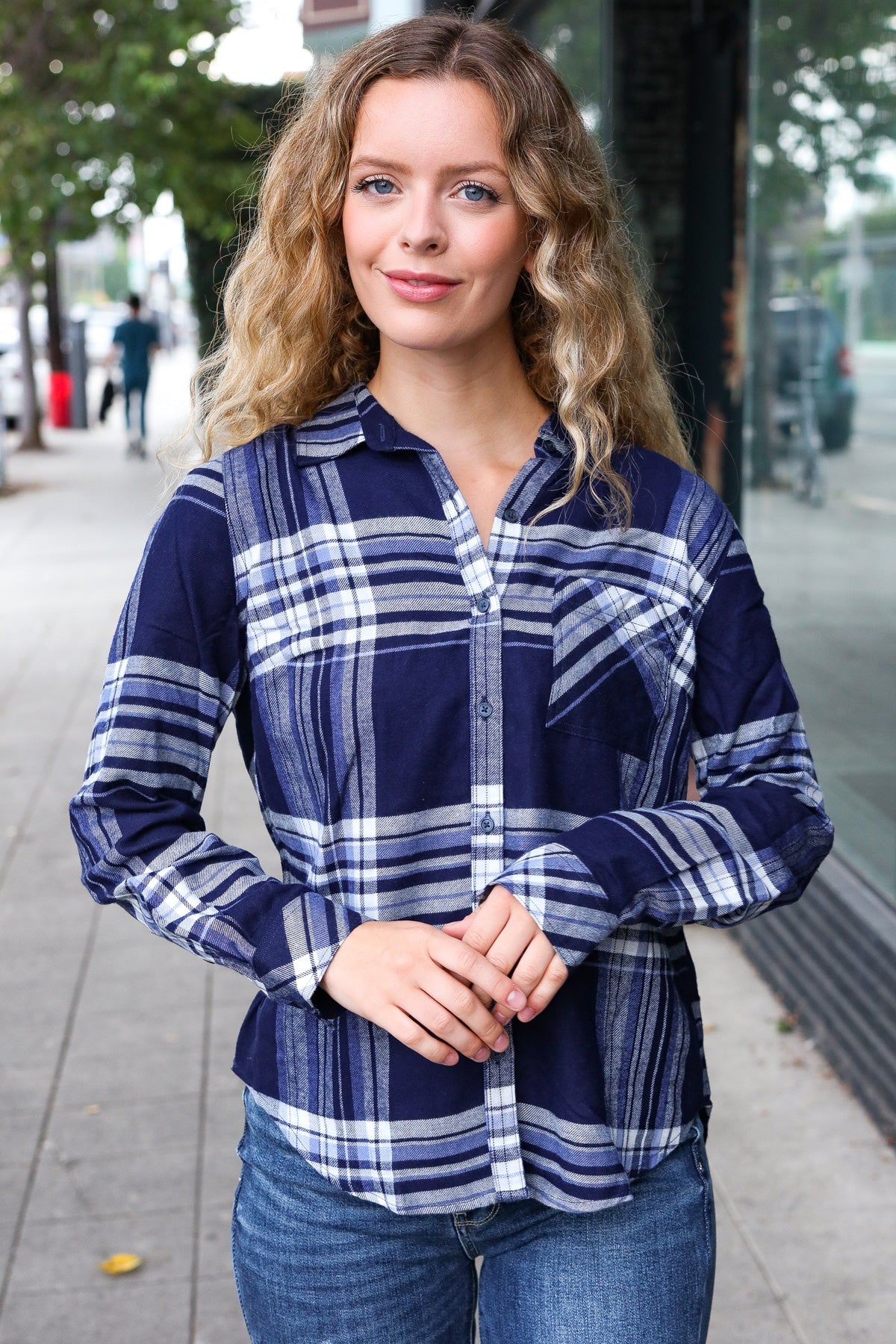 Navy Plaid Button Down Shirt