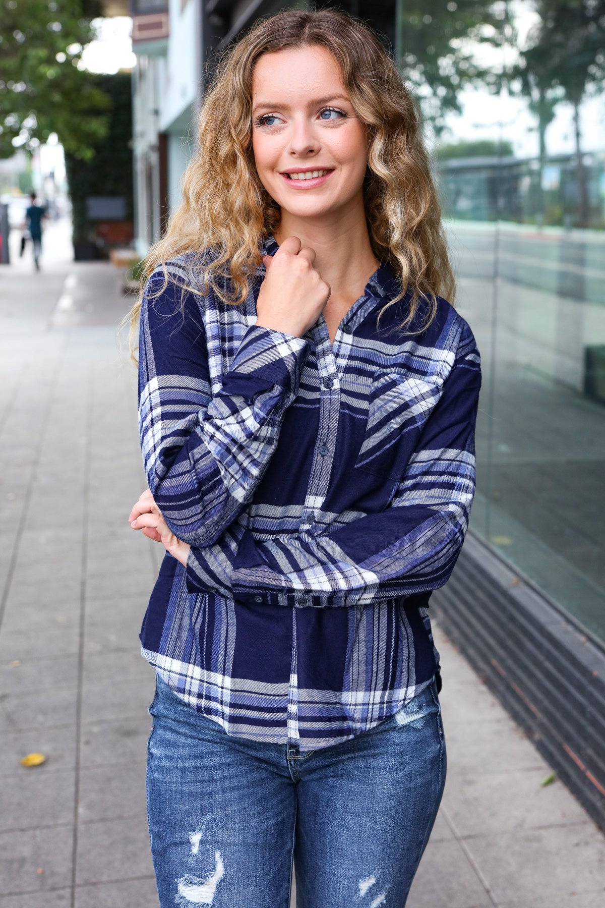 Navy Plaid Button Down Shirt