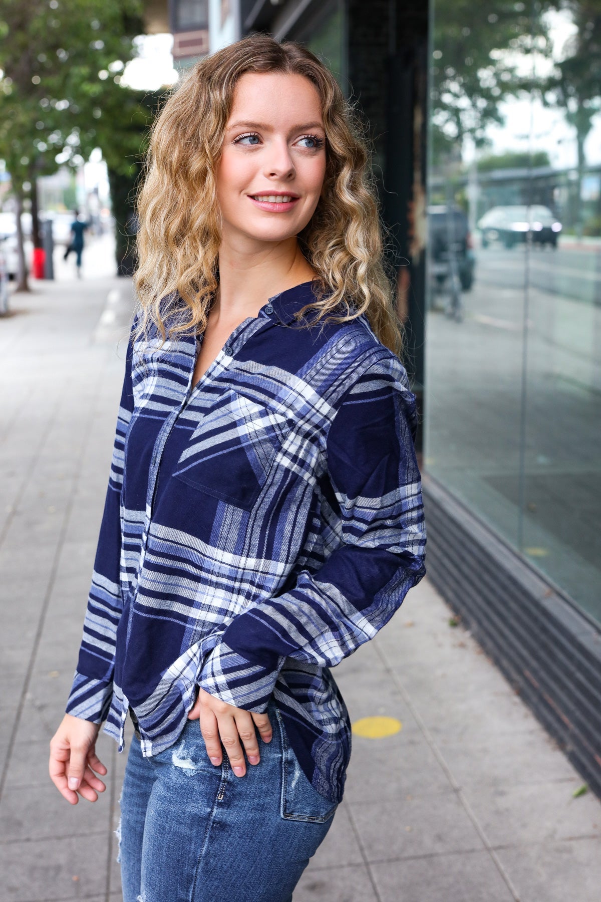 Navy Plaid Button Down Shirt