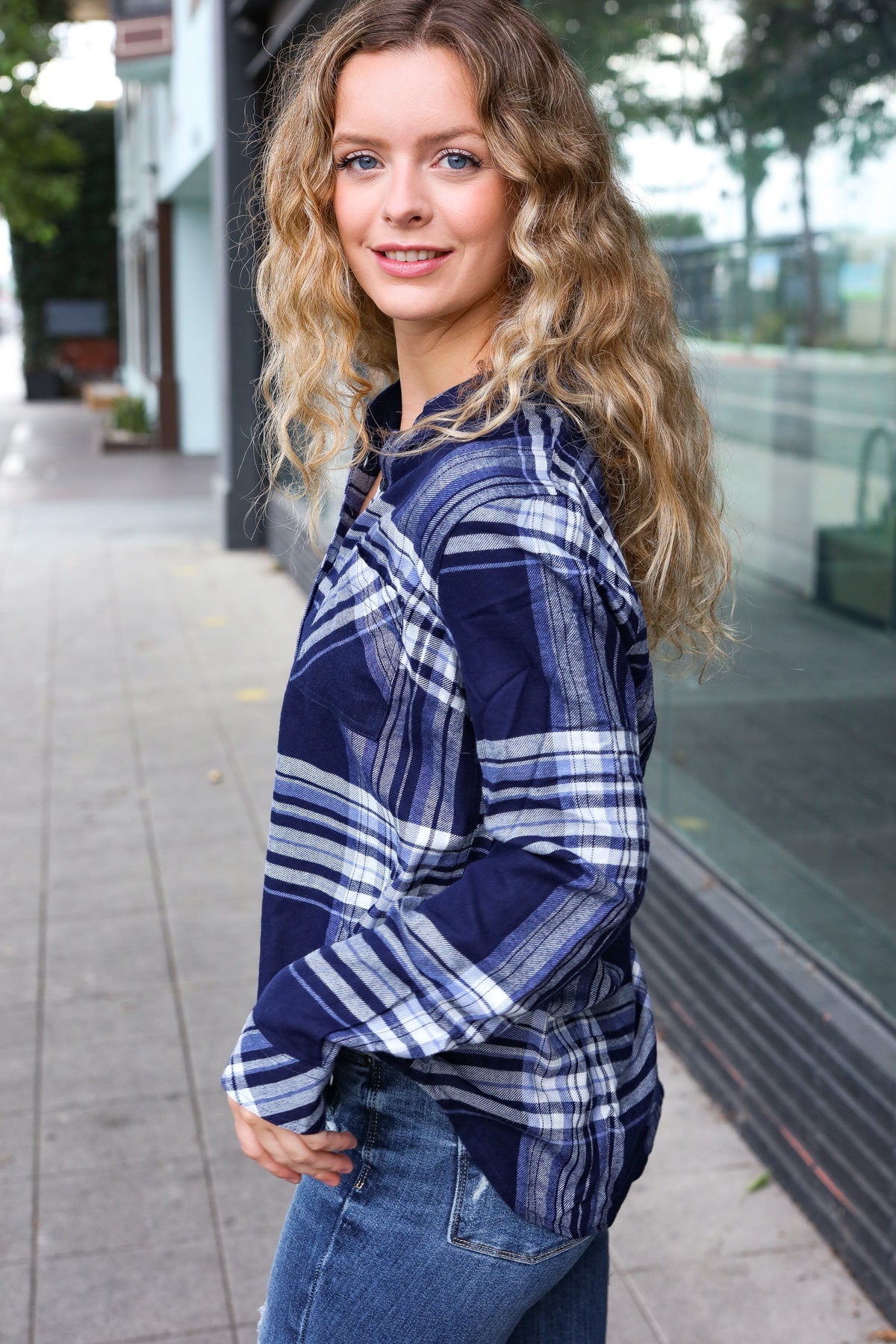 Navy Plaid Button Down Shirt