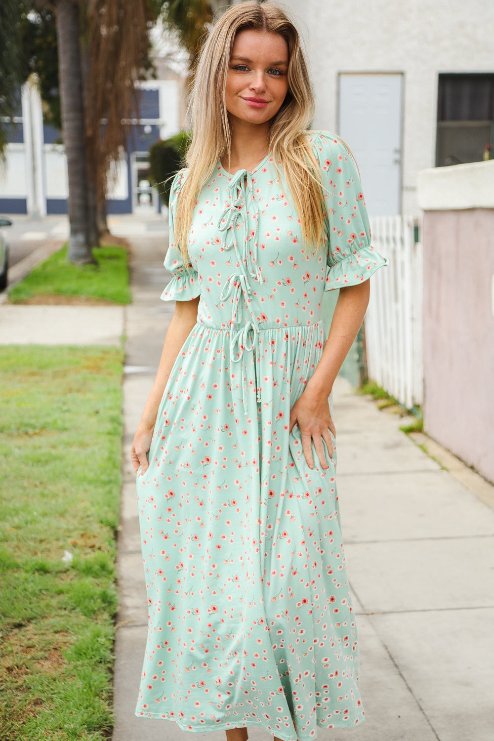 Mint Ditsy Floral Front Tie Maxi Dress