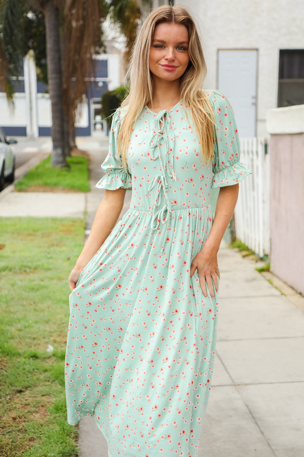 Mint Ditsy Floral Front Tie Maxi Dress