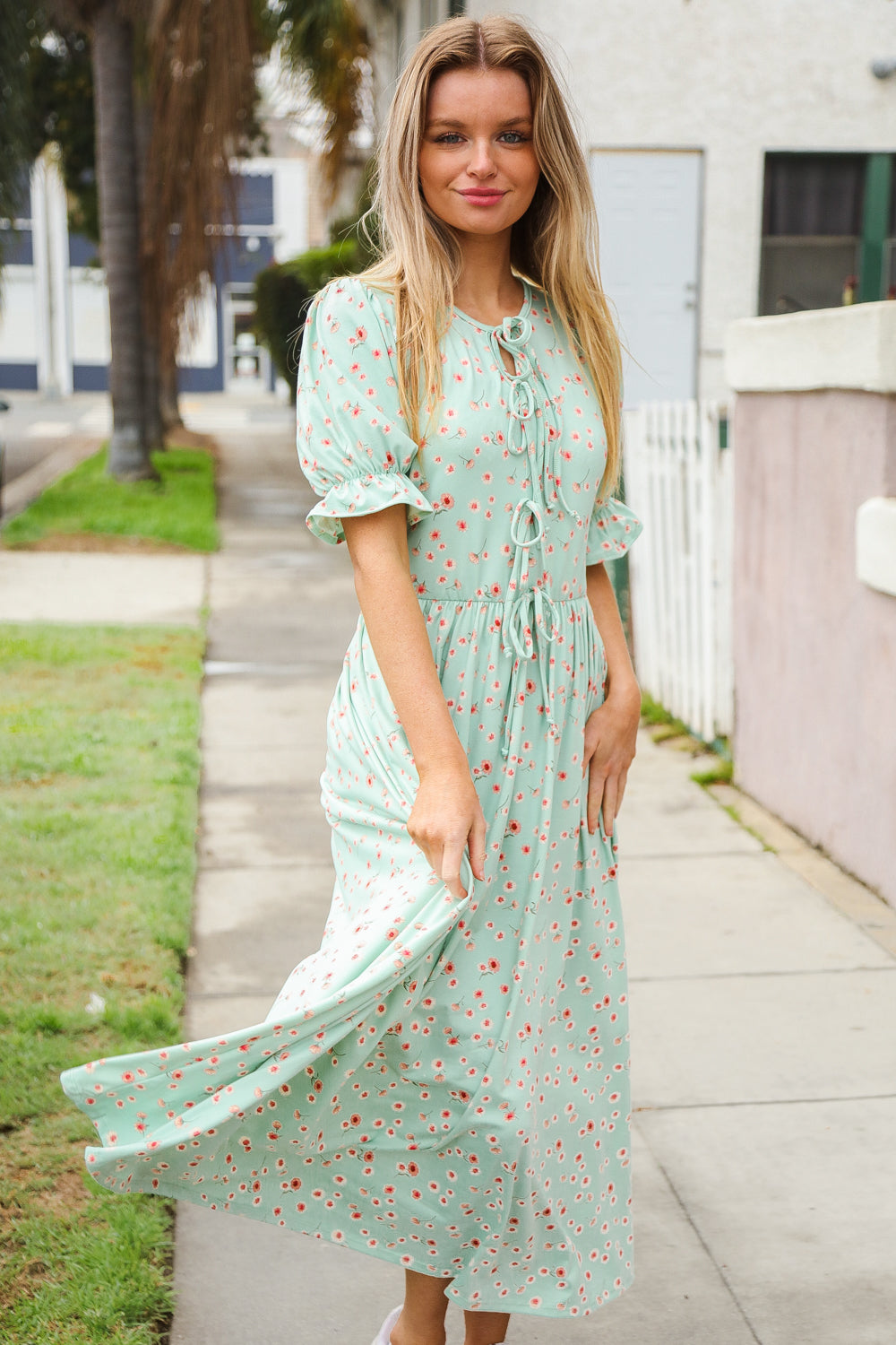 Mint Ditsy Floral Front Tie Maxi Dress