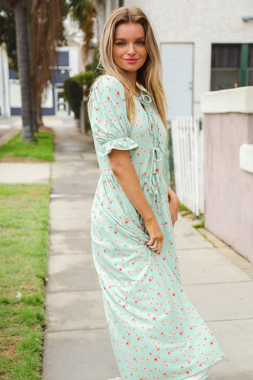 Mint Ditsy Floral Front Tie Maxi Dress