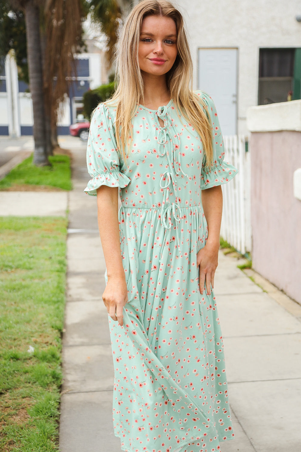 Mint Ditsy Floral Front Tie Maxi Dress