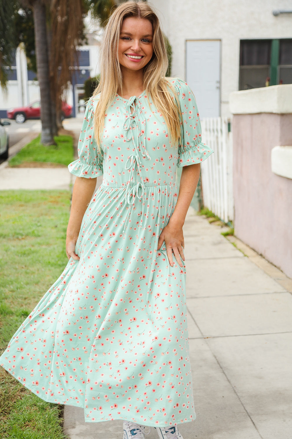 Mint Ditsy Floral Front Tie Maxi Dress