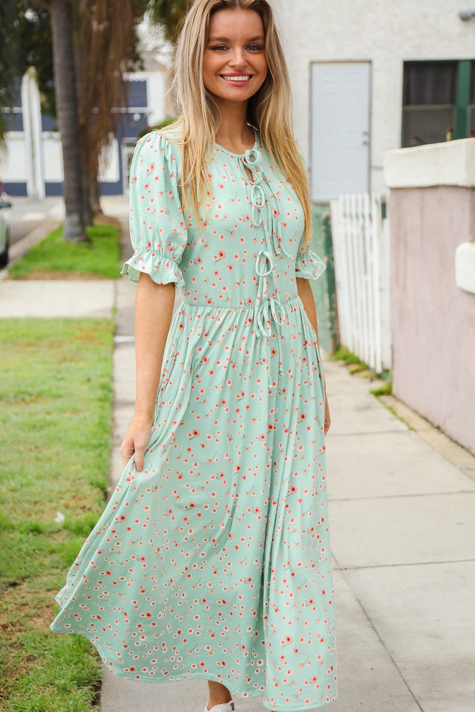 Mint Ditsy Floral Front Tie Maxi Dress