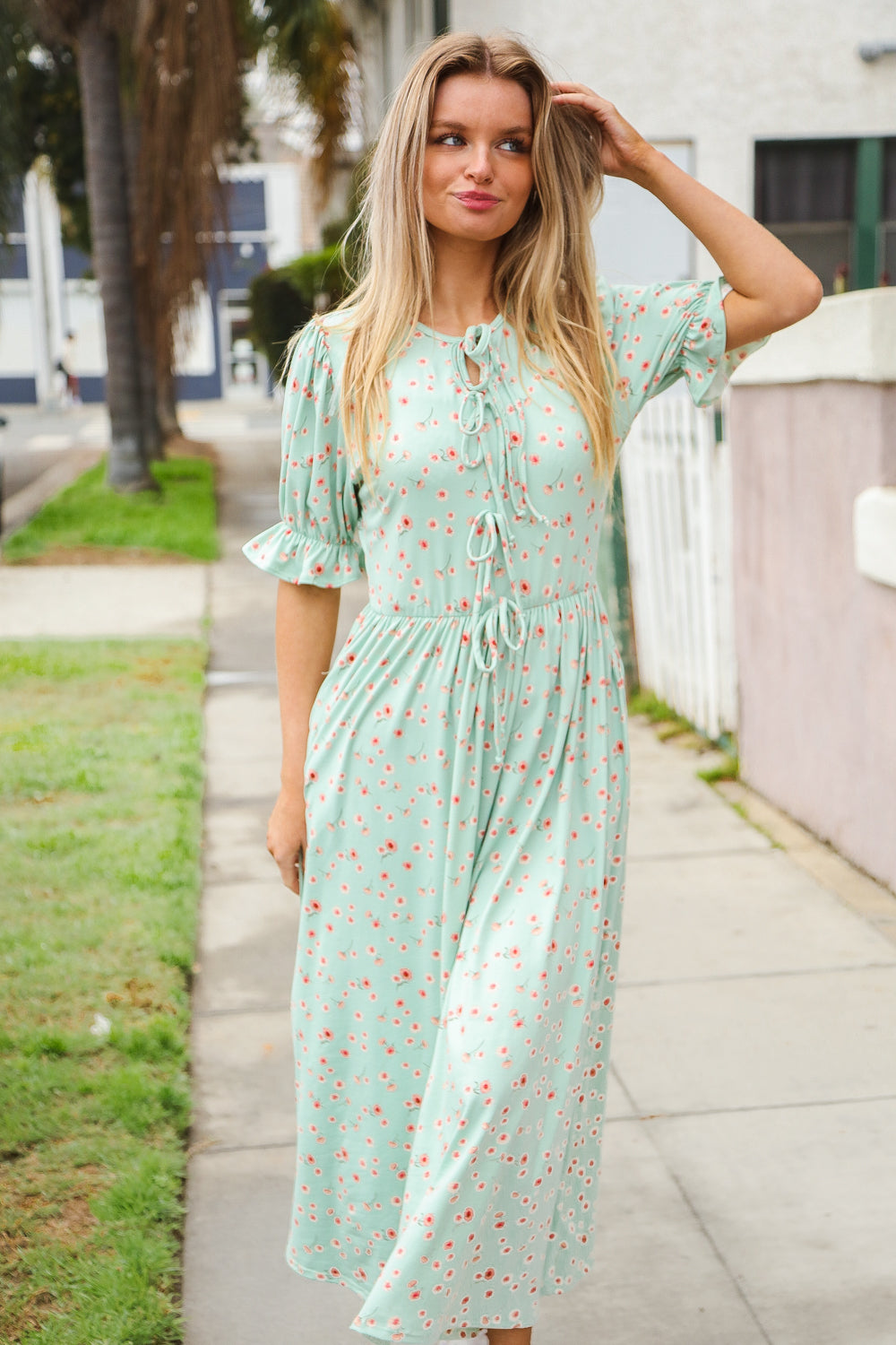 Mint Ditsy Floral Front Tie Maxi Dress