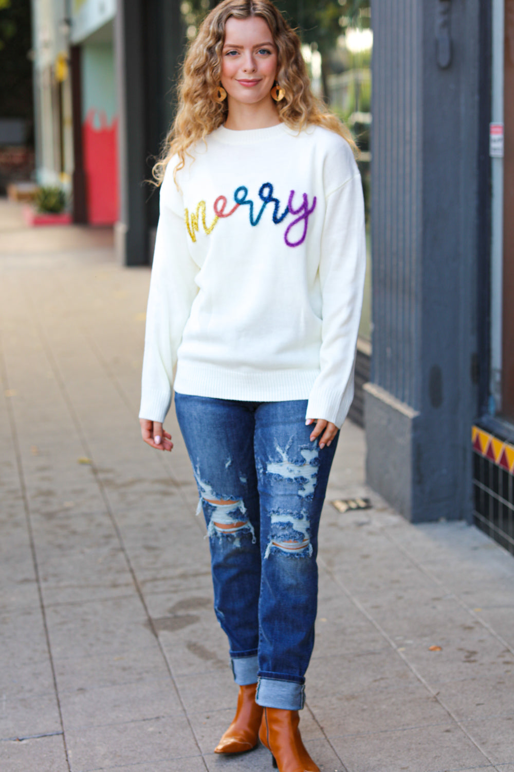 Merry White Pop Up Embroidery Lurex Sweater