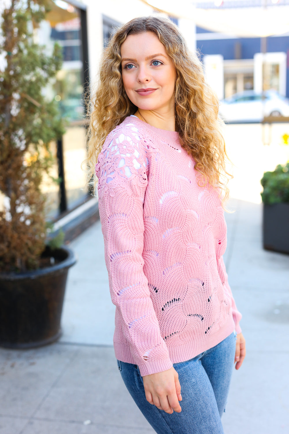 Pink Pointelle Shoulder Lace Knit Sweater