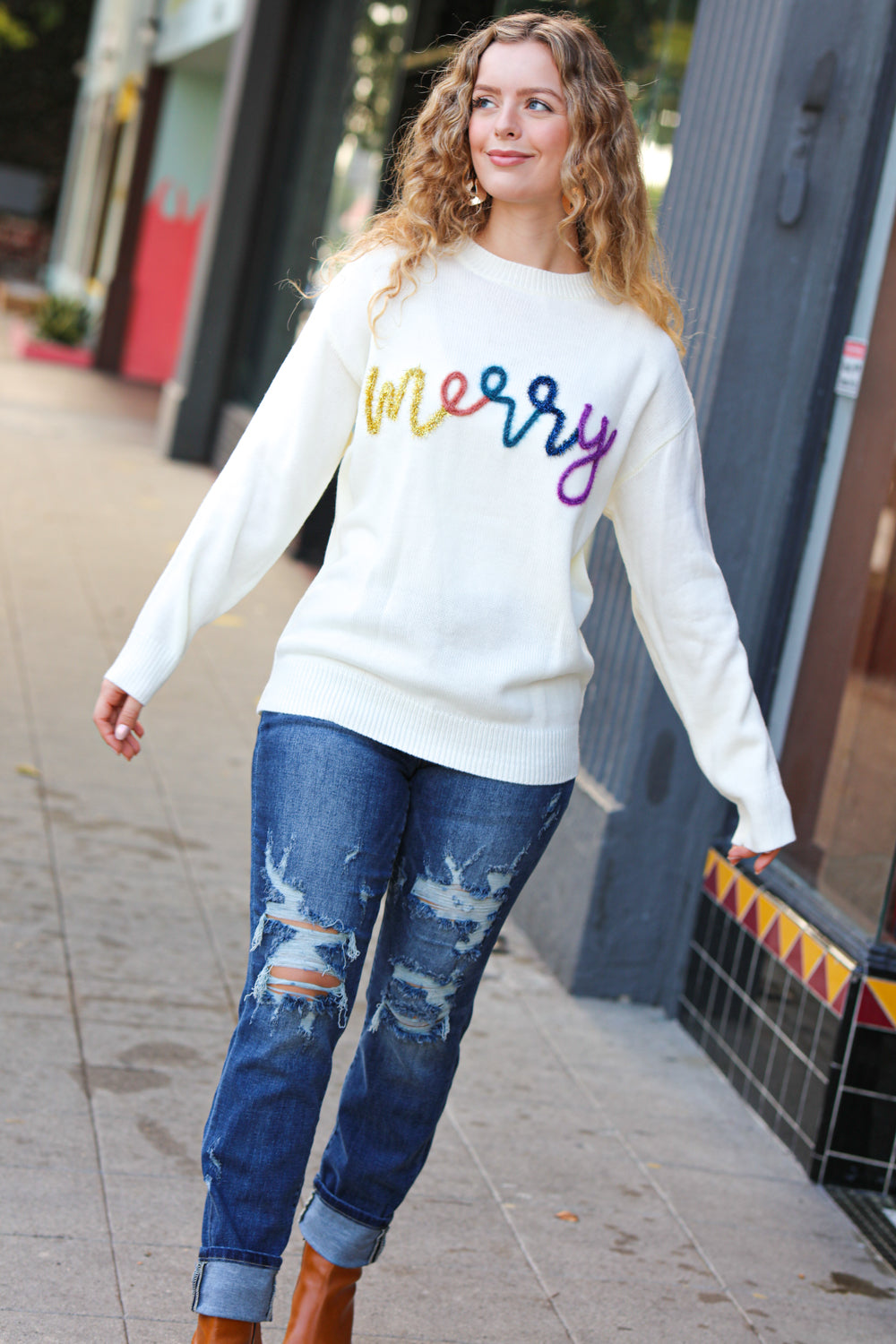 Merry White Pop Up Embroidery Lurex Sweater