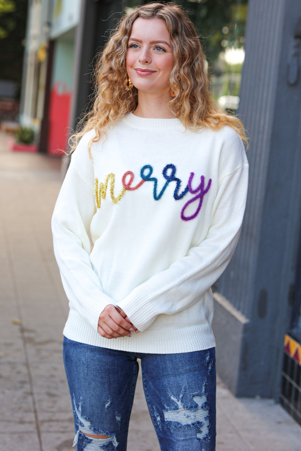 Merry White Pop Up Embroidery Lurex Sweater