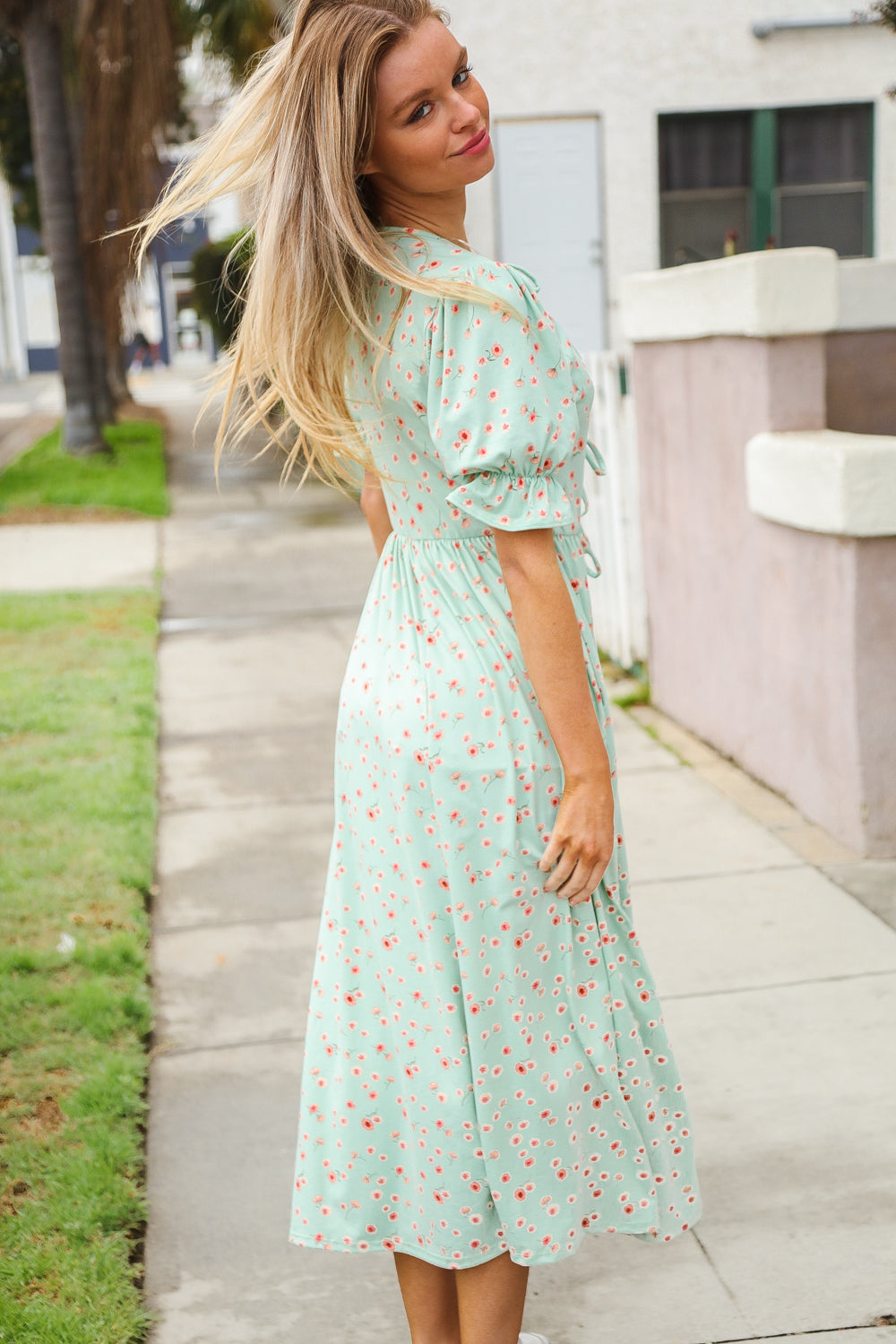 Mint Ditsy Floral Front Tie Maxi Dress