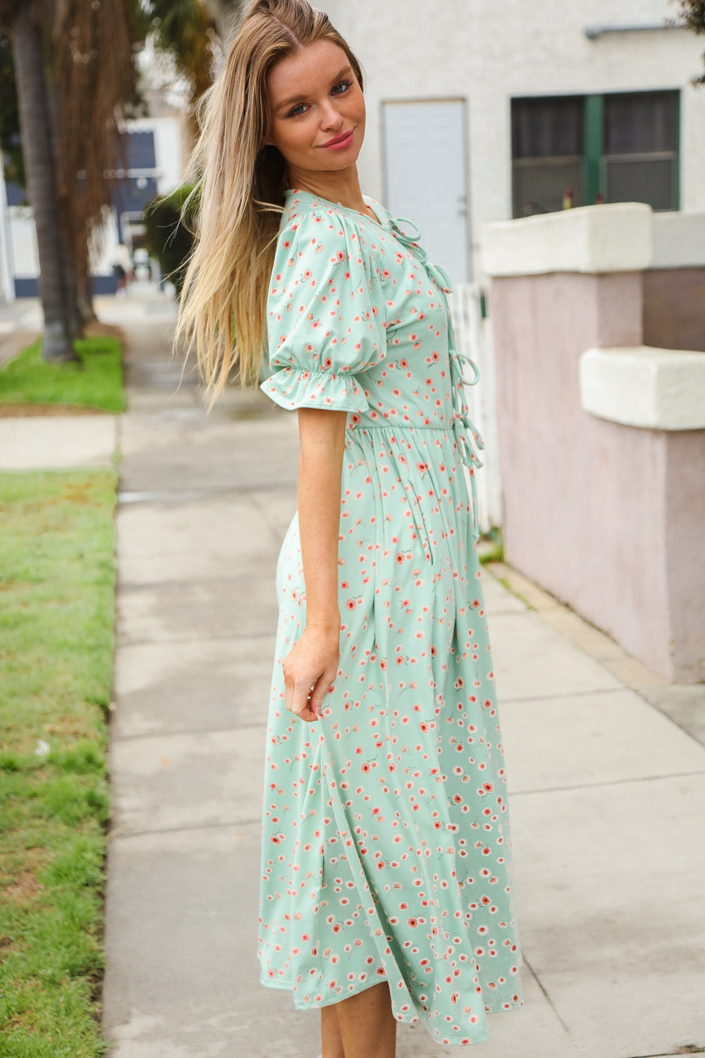 Mint Ditsy Floral Front Tie Maxi Dress