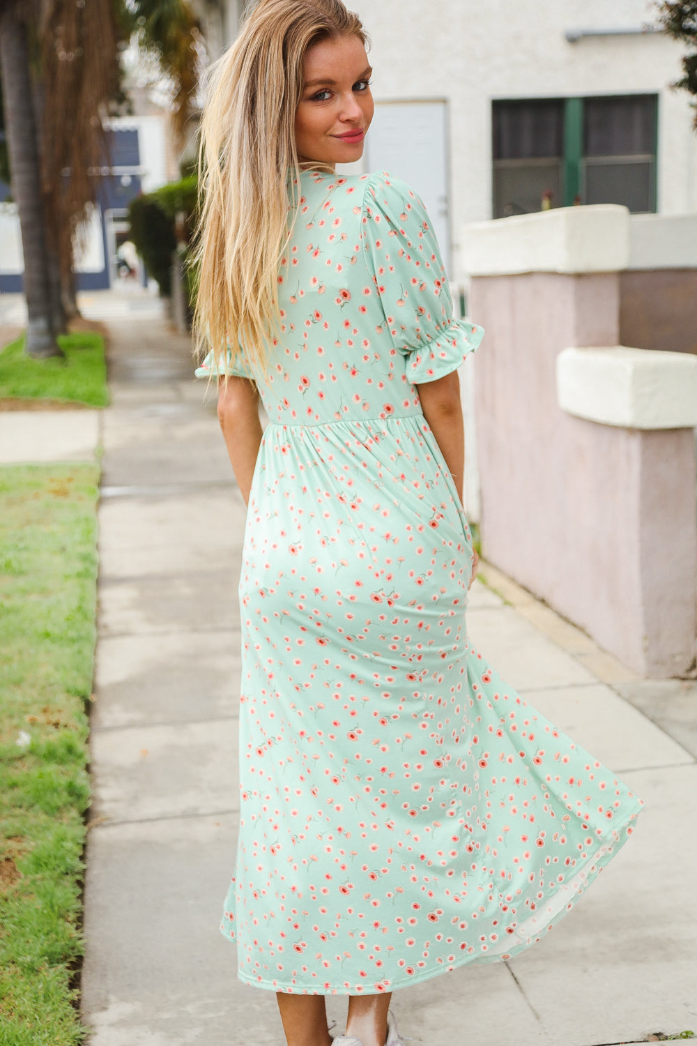 Mint Ditsy Floral Front Tie Maxi Dress