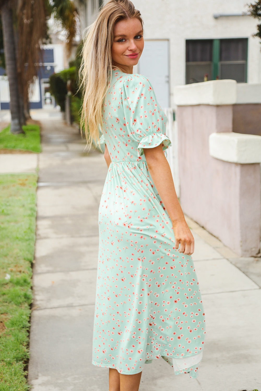 Mint Ditsy Floral Front Tie Maxi Dress