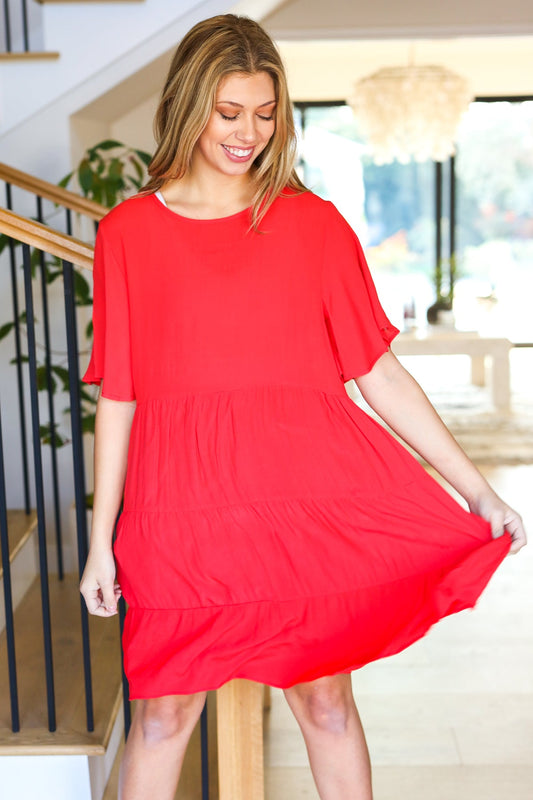 Red Woven Panel Tiered Flutter Sleeve Dress